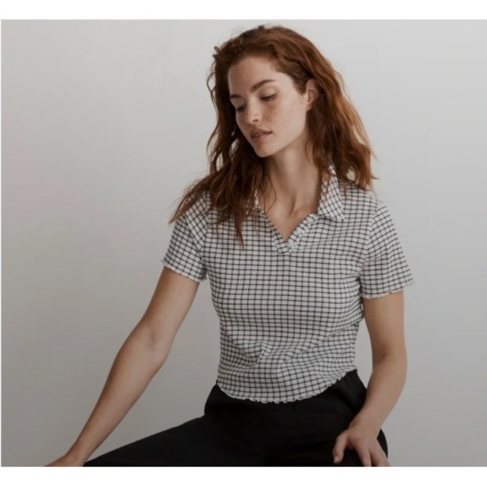Madewell Women Black White Windowpane Check Polo Shirt Lettuce Edge XS NEW
